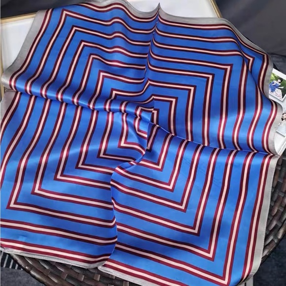 SOLD - NWOT 100% silk scarf bandana blue striped classic - Picture 1 of 4